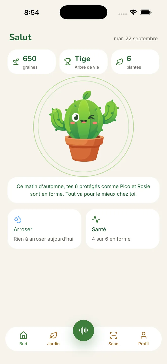 L'écran d'accueil de GreenBuddy : Bud salue et cite tes plantes par leur nom.
