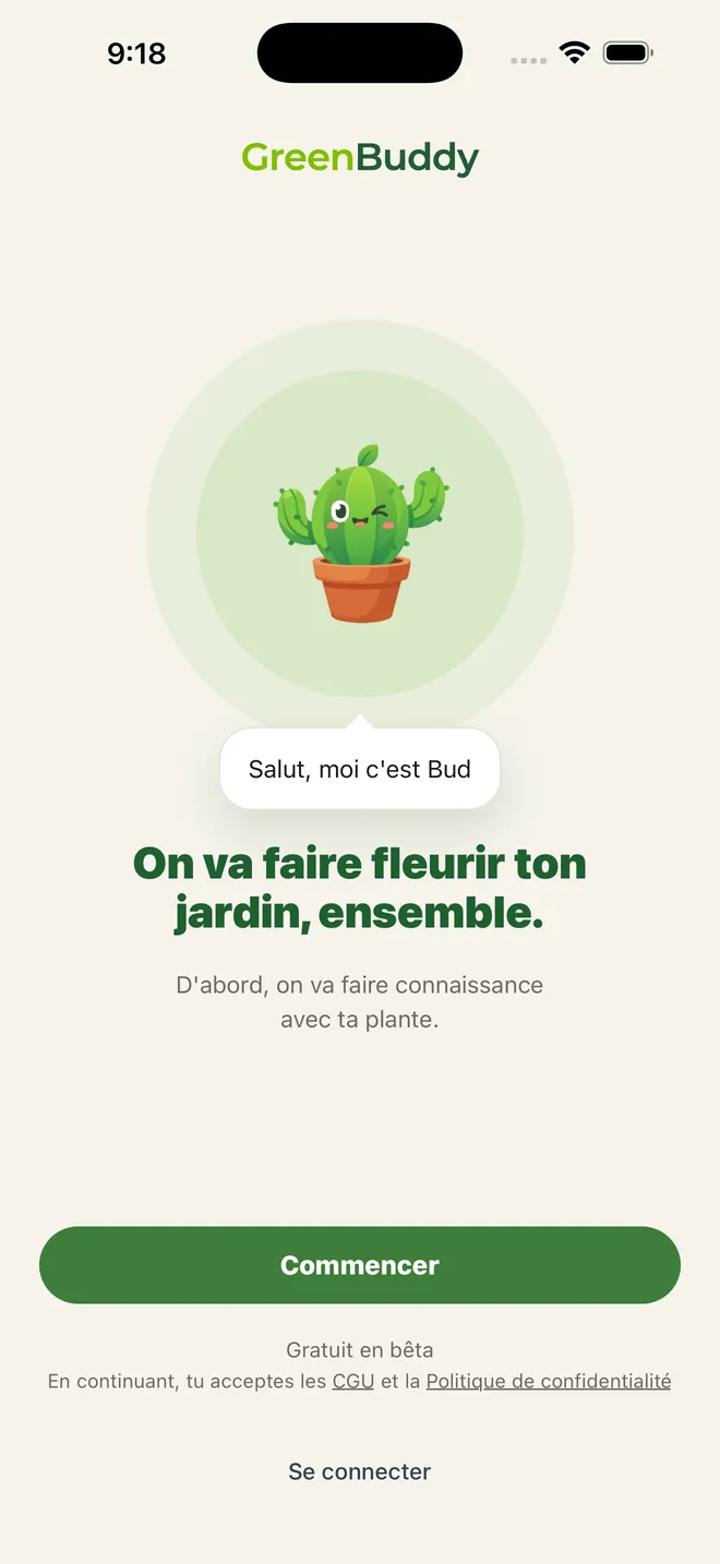 Écran de bienvenue de GreenBuddy : Bud se présente.