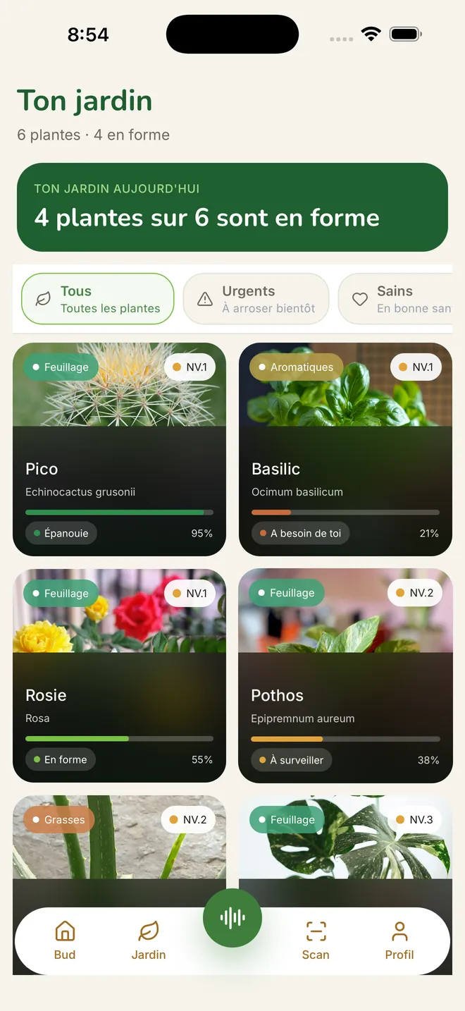 Le jardin dans GreenBuddy : six plantes avec leur état de santé.